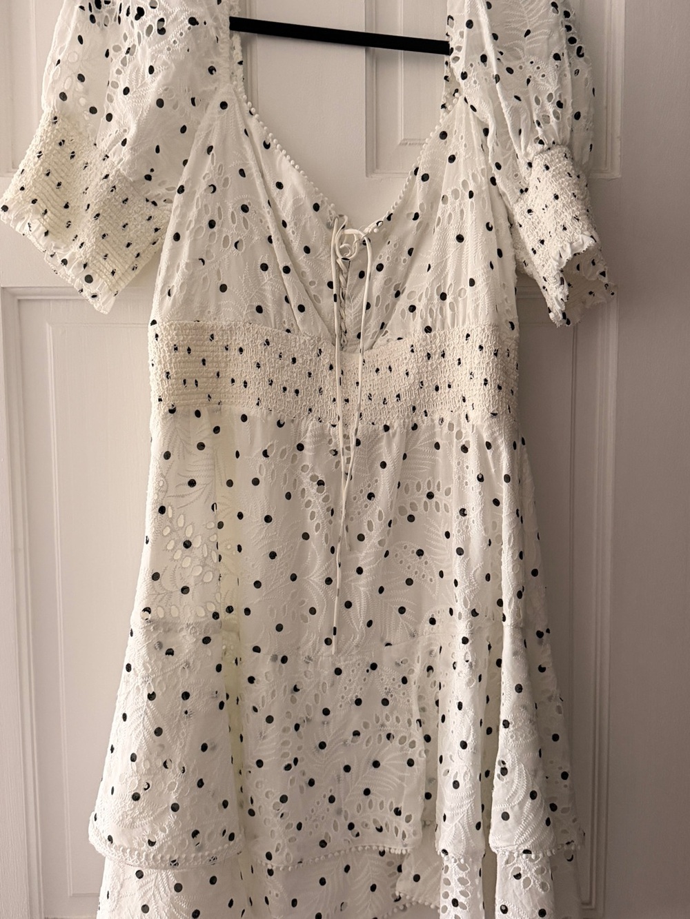 Alice + Olivia White Eyelet Midi Dress with Black Polka Dots